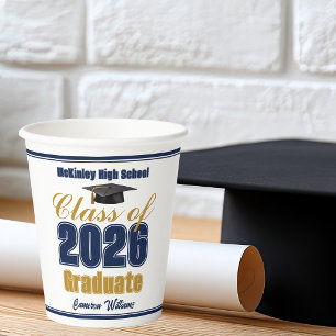 Navy Blue Gold Class of 2026 Graduation Party Paper Cups