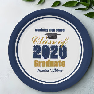 Navy Blue Gold Class of 2026 Graduation Party Paper Plate
