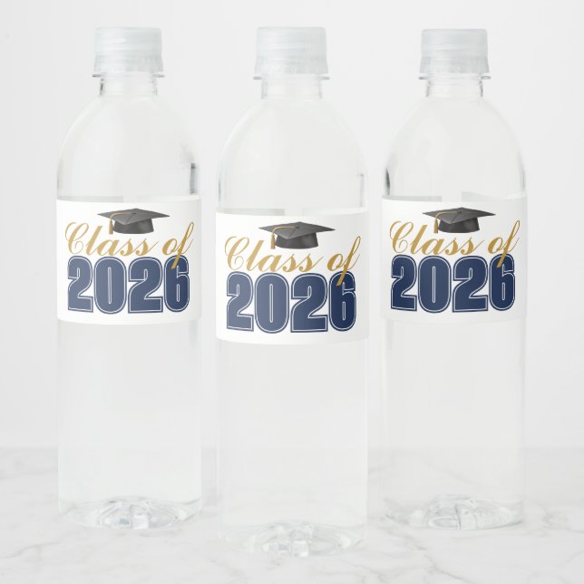 Navy Blue Gold Class of 2026 Graduation Party Water Bottle Label (Bottles)