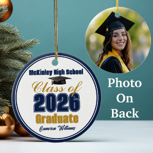 Navy Blue Gold Class of 2026 Graduation Photo Ceramic Tree Decoration