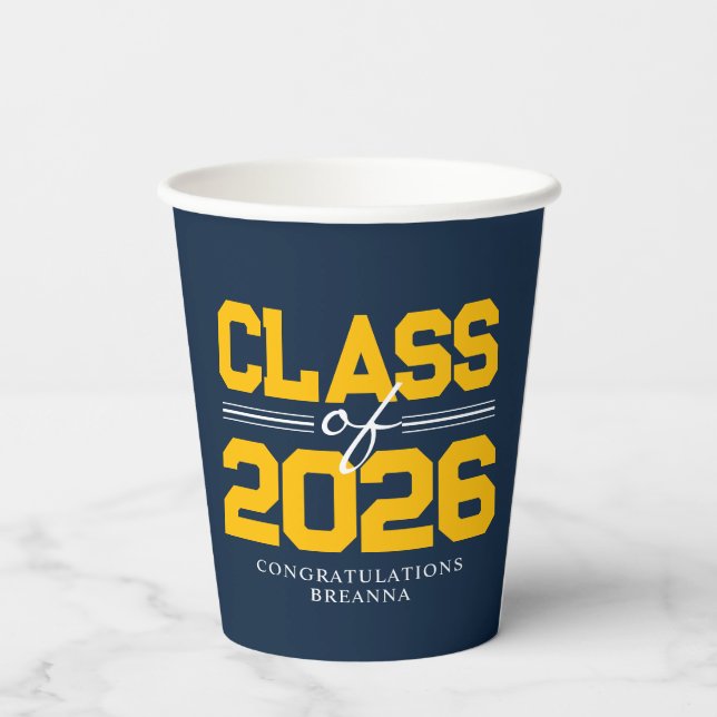Navy Blue & Gold Class Year Graduation Paper Cups (Back)
