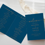 Navy Blue Gold Classic Folded Wedding Programme<br><div class="desc">This navy blue gold classic folded wedding program is perfect for a modern wedding. The simple and elegant design features classic and fancy script typography in burnt gold. 

Include a quote or short message,  order of service,  wedding party and thank you message.</div>