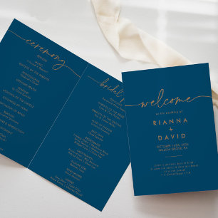 Navy Blue Gold Classic Folded Wedding Programme