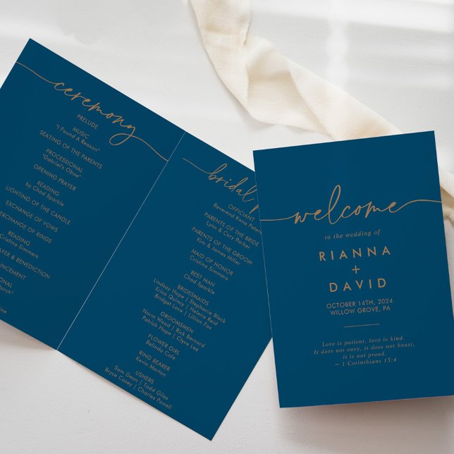 Navy Blue Gold Classic Folded Wedding Programme (Creator Uploaded)