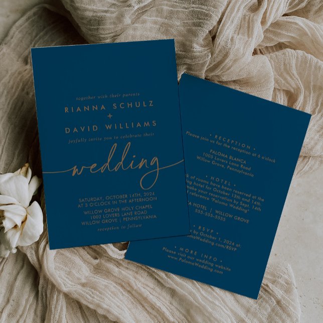  Navy Blue Gold Classic Front & Back Wedding Invitation (Creator Uploaded)