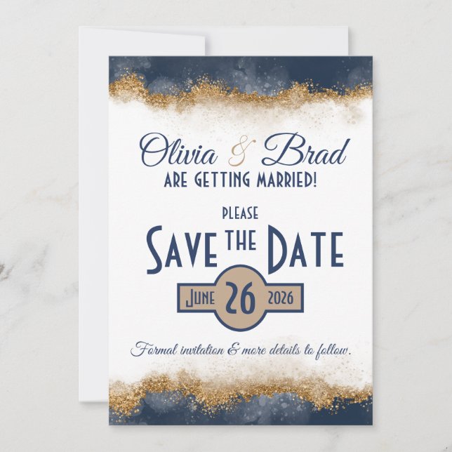 Navy Blue & Gold Classic Save The Date (Front)