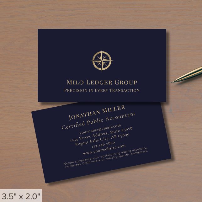 Navy Blue Gold Compass Logo Business Card (Creator Uploaded)