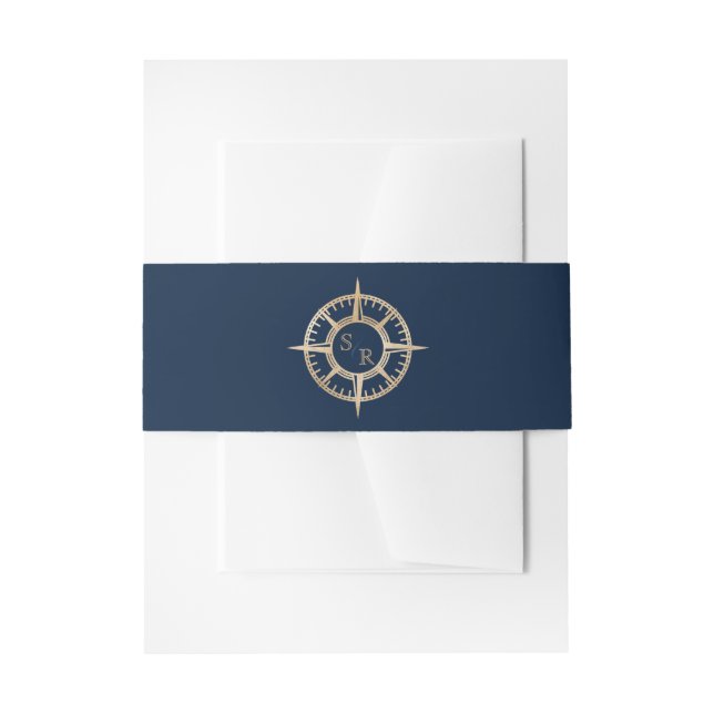 Navy Blue Gold Compass Monogram Passport Invitation Belly Band (Front Example)