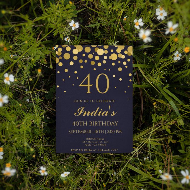 Navy Blue & Gold Confetti 40th Birthday Party Invitation (Creator Uploaded)
