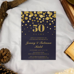 Navy Blue & Gold Confetti 50th wedding anniversary Invitation