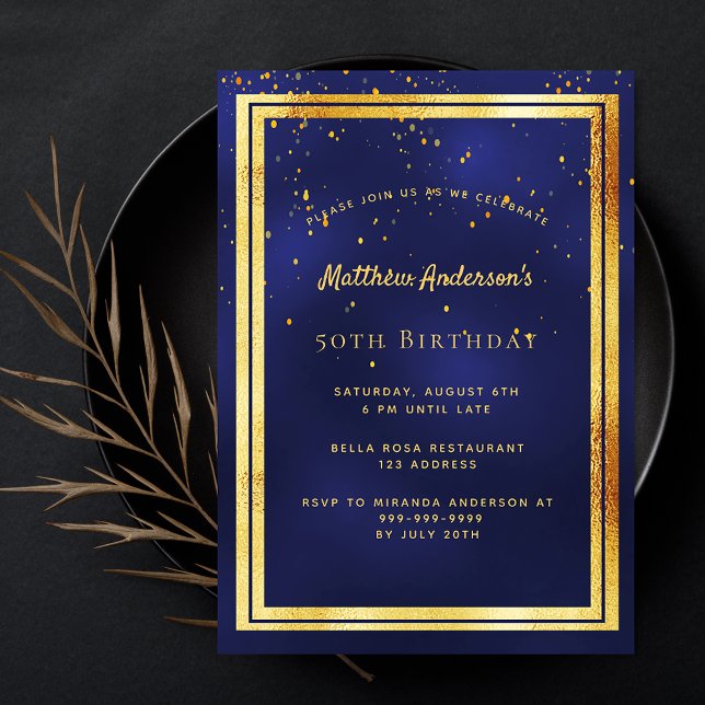 Navy blue gold confetti birthday invitation (Creator Uploaded)
