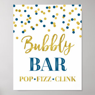 Navy Blue Gold Confetti Bubbly Bar Sign