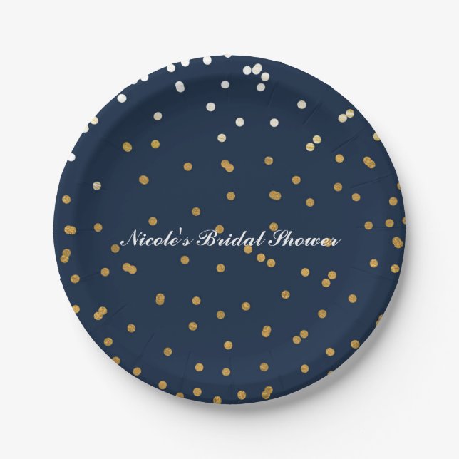 Navy Blue & Gold Confetti Dots Modern Chic Paper Plate (Front)