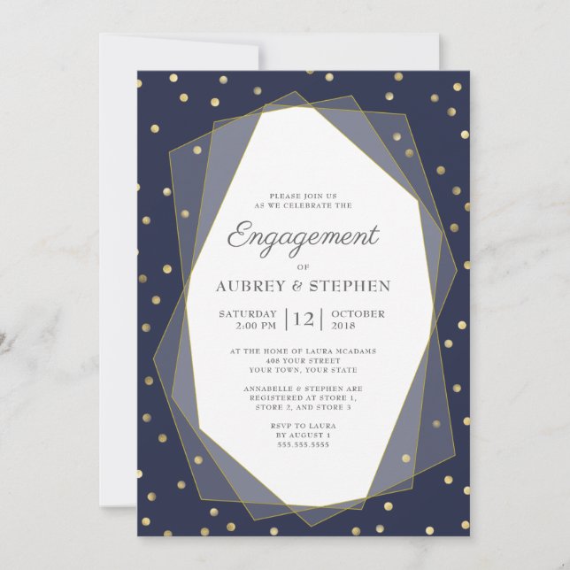 Navy Blue Gold Confetti Geometric Engagement Party Invitation (Front)