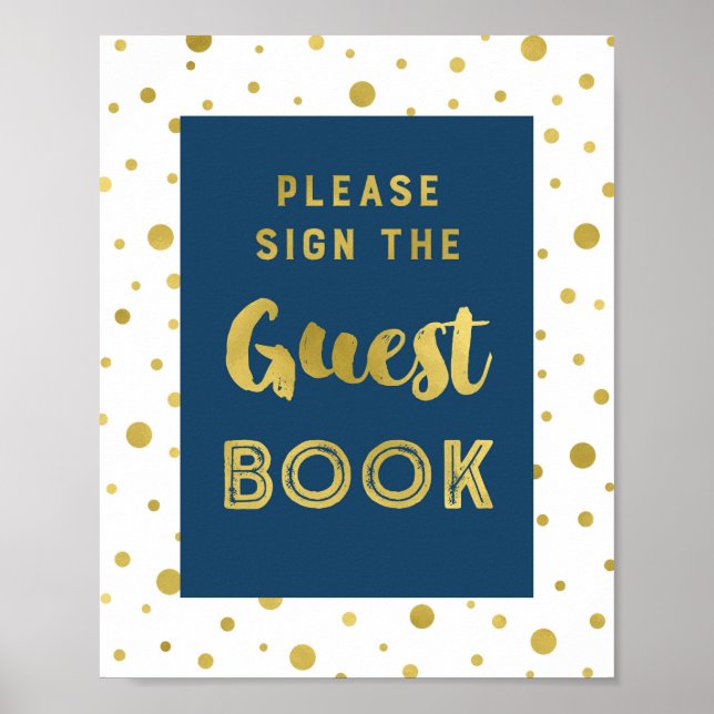 Navy Blue Gold Confetti Guest Book Wedding Sign (Front)