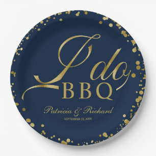 Navy Blue Gold Confetti I Do BBQ Engagement Party Paper Plate
