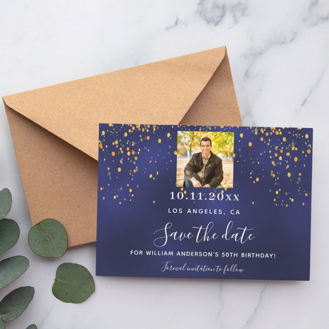 Navy blue gold confetti photo birthday save the date (Creator Uploaded)