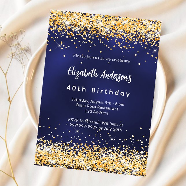 Navy blue gold confetti premium birthday invitation (Creator Uploaded)