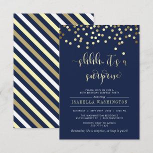 Navy Blue & Gold Confetti Surprise Birthday Party Invitation