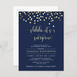 Navy Blue & Gold Confetti Surprise Birthday Party Invitation Postcard