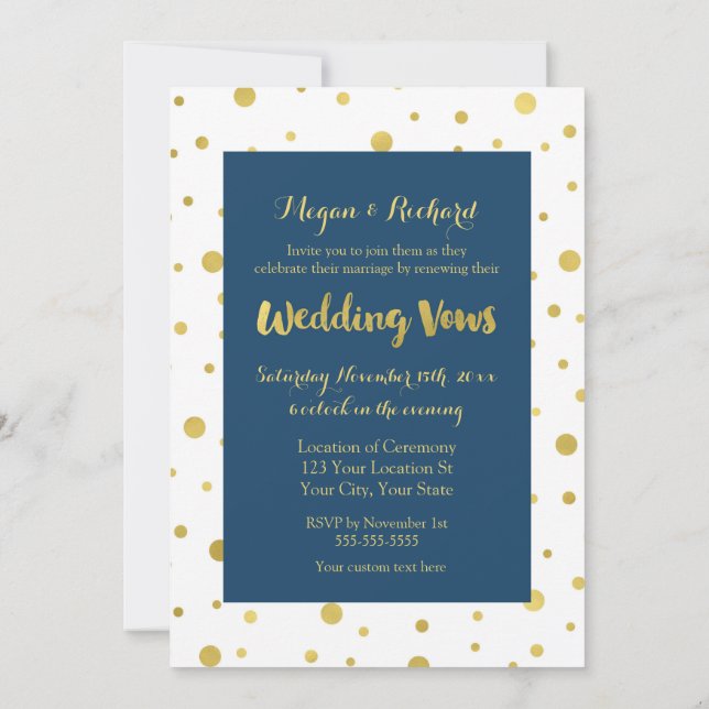 Navy Blue Gold Confetti Vow Renewal Invitation (Back)
