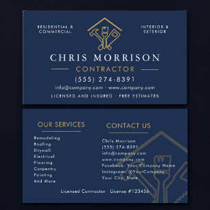 Navy Blue Gold Construction Contractor Business Card