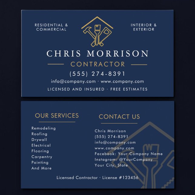 Navy Blue Gold Construction Contractor Business Card (Creator Uploaded)