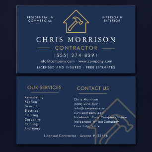 Navy Blue Gold Construction Professional Business Card