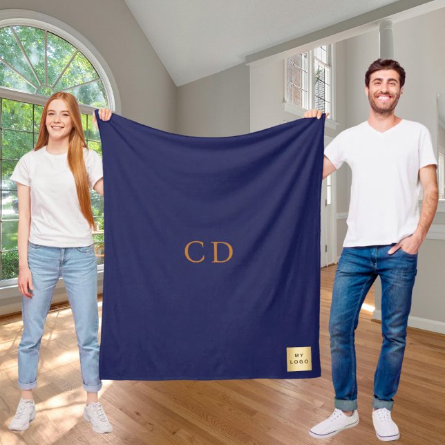 Navy blue gold corporate logo company monogram fleece blanket (Creator Uploaded)