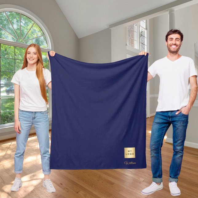 Navy blue gold corporate logo company name luxury fleece blanket (Creator Uploaded)