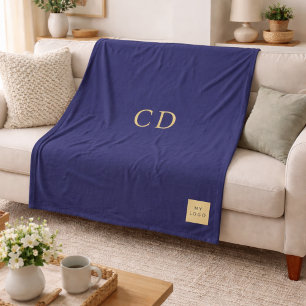 Navy blue gold corporate logo monogram luxury fleece blanket