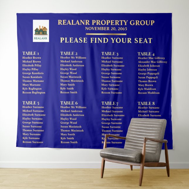Navy blue Gold Corporate Seating Chart Logo Tapestry (In Situ (Horizontal))
