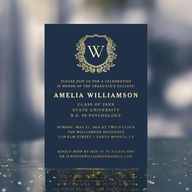 Navy Blue Gold Crest Monogram Graduation Party (Creator Uploaded)