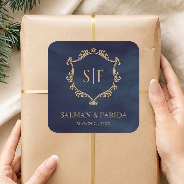 Navy Blue Gold Crest Monogram Wedding Favour Square Sticker (Creator Uploaded)