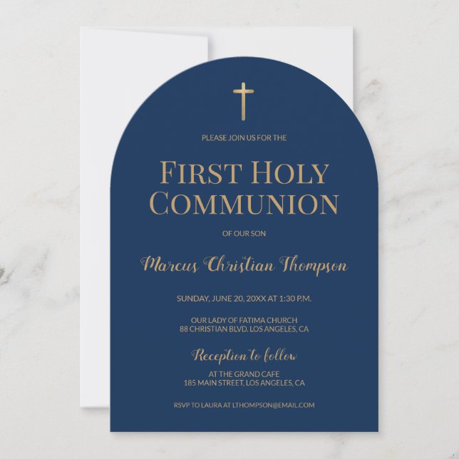 Navy Blue Gold Cross Boy First holy communion Arch Invitation (Front)