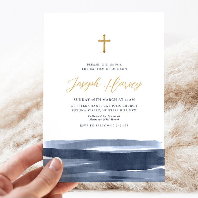 Navy Blue Gold Cross Boys Baptism Christening   Invitation (Navy Blue Watercolor and Gold Boys Baptism Invitation)