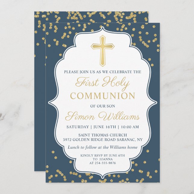 Navy Blue Gold Cross Glitter First Holy Communion Invitation (Front/Back)