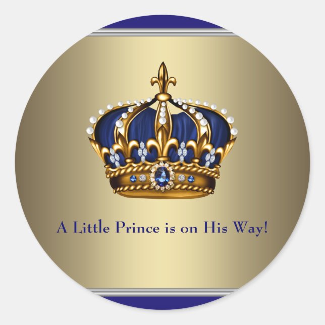 Navy Blue Gold Crown Prince Baby Shower Sticker (Front)