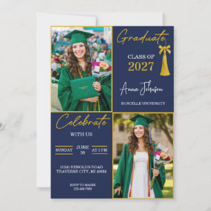 Navy Blue & Gold Custom 2 Photo Graduation Party  Invitation