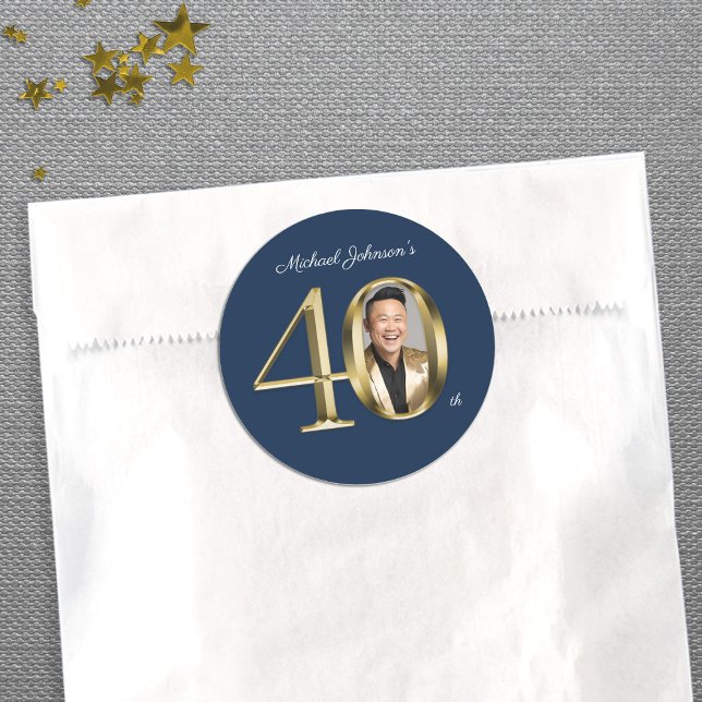 Navy Blue Gold Custom 40th Birthday Party Classic Round Sticker (Navy Blue Gold Custom 40th Birthday Party Classic Round Sticker)