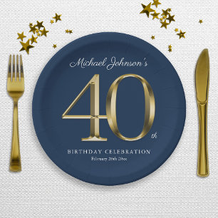 Navy Blue Gold Custom 40th Birthday Party Paper Plate