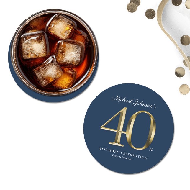 Navy Blue Gold Custom 40th Birthday Party Round Paper Coaster (Navy Blue Gold Custom 40th Birthday Party Round Paper Coaster)
