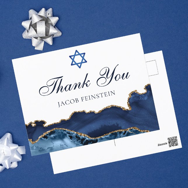 Navy Blue Gold Custom Bar Mitzvah Thank You Postcard (Creator Uploaded)