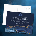 Navy Blue Gold Custom Bat Mitzvah Mazel Tov Postcard<br><div class="desc">Elegant navy blue and gold agate decorates the side of this modern Bat Mitzvah party congratulations postcard. Mazel Tov! Customise it under the Star of David. Perfect postcard for a chic,  stylish Jewish family celebrating a girl being called to the Torah.</div>