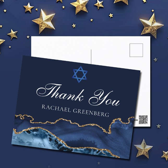 Navy Blue Gold Custom Bat Mitzvah Thank You Postcard (Creator Uploaded)