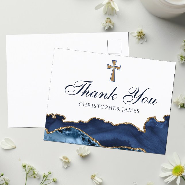 Navy Blue Gold Custom Christian Cross Thank You Postcard (Creator Uploaded)