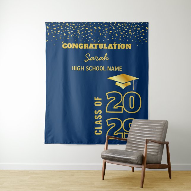 Navy Blue & Gold Custom Graduation Party Backdrop Tapestry (In Situ)