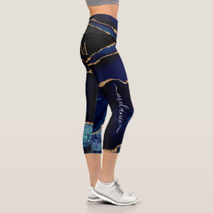 Navy Blue Gold Custom Letter Name Capri Leggings