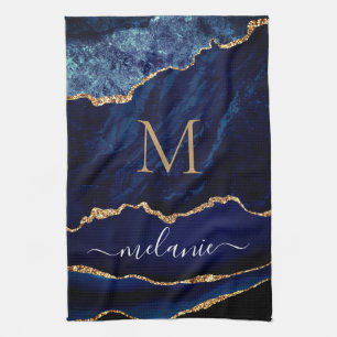 Navy Blue Gold Custom Letter Name Kitchen Towel