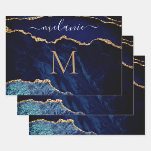 Navy Blue Gold Custom Letter Name Wrapping Paper